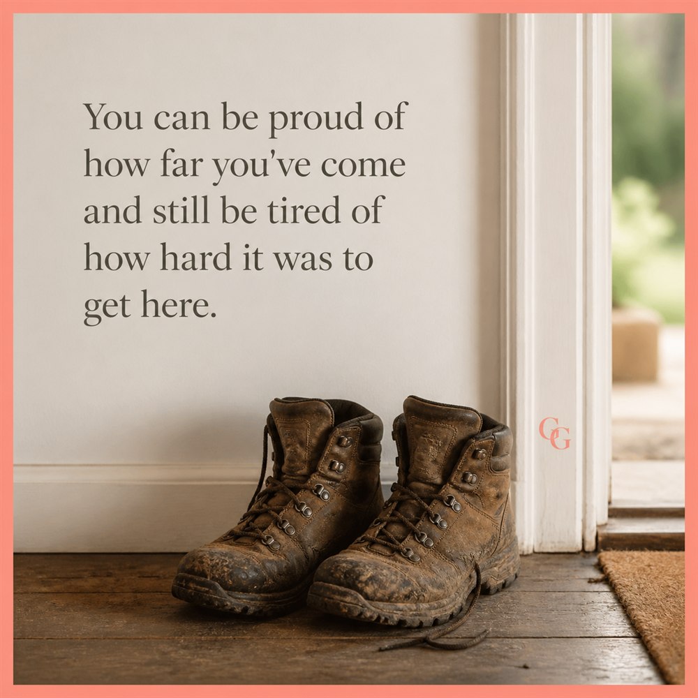 Worn boots beside a doorway with a growgoodness reflection about progress