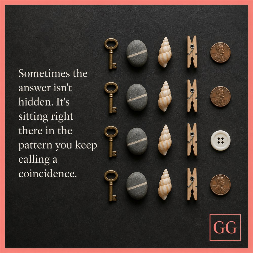 An arranged pattern of small objects with a growgoodness reminder to notice patterns